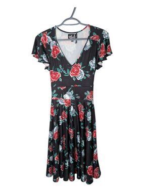 Hell Bunny Abigail Rose Fit and Flare Dress Red Grey Rose Print Tie Back Size Sm